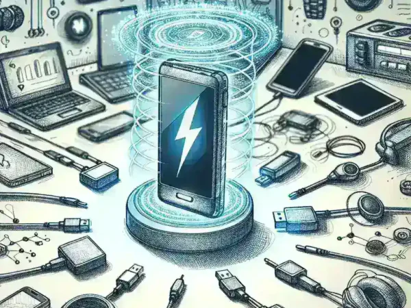 "Diagram illustrating wireless electricity transmission technology eliminating the need for charging cables, showcasing the seamless power transfer between devices and charging stations."