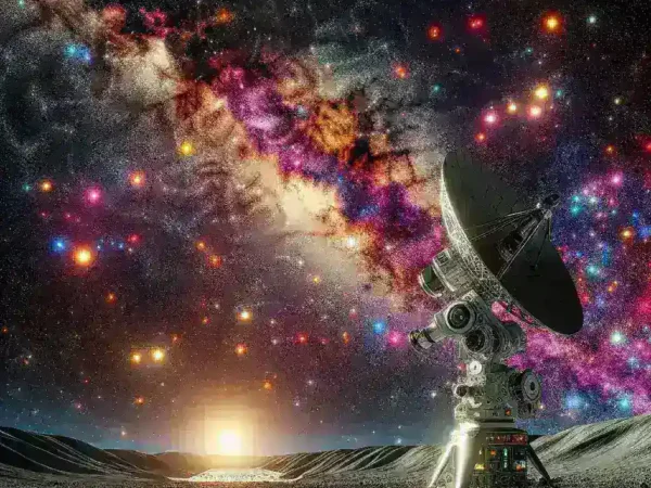 "Robotic AI-powered telescope capturing images of distant galaxies and scanning for technosignatures of alien civilizations in the cosmos."