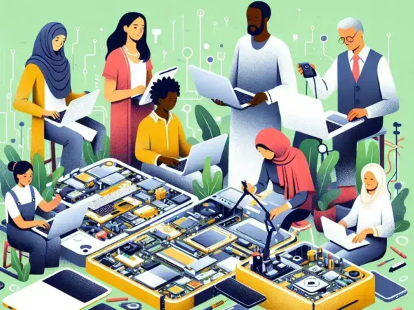 "Community members engaging in collaborative repair workshops, highlighting the emergence of shared repair culture in developing tech ecosystems."