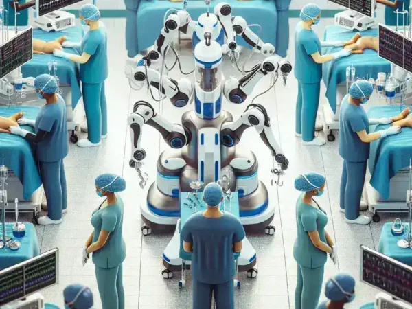 "Surgeon using a surgical robot in a modern operating room, representing multi-hospital adoption of robotic surgery technology within NHS healthcare facilities."
