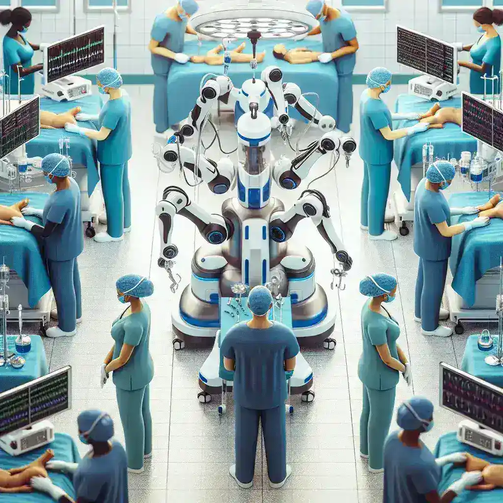 "Surgeon using a surgical robot in a modern operating room, representing multi-hospital adoption of robotic surgery technology within NHS healthcare facilities."