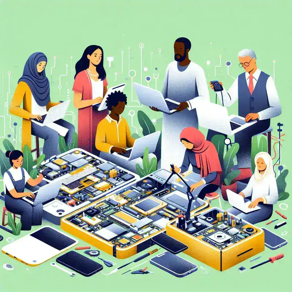 "Community members engaging in collaborative repair workshops, highlighting the emergence of shared repair culture in developing tech ecosystems."